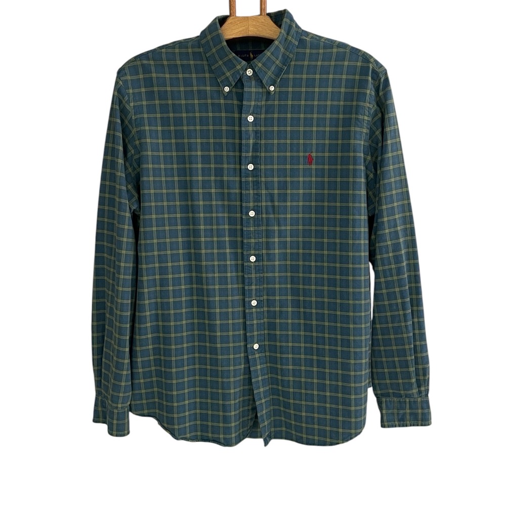 Ralph Lauren Button Down Shirt Mens XL Blue Green Plaid Cotton Long Sleeve Pony